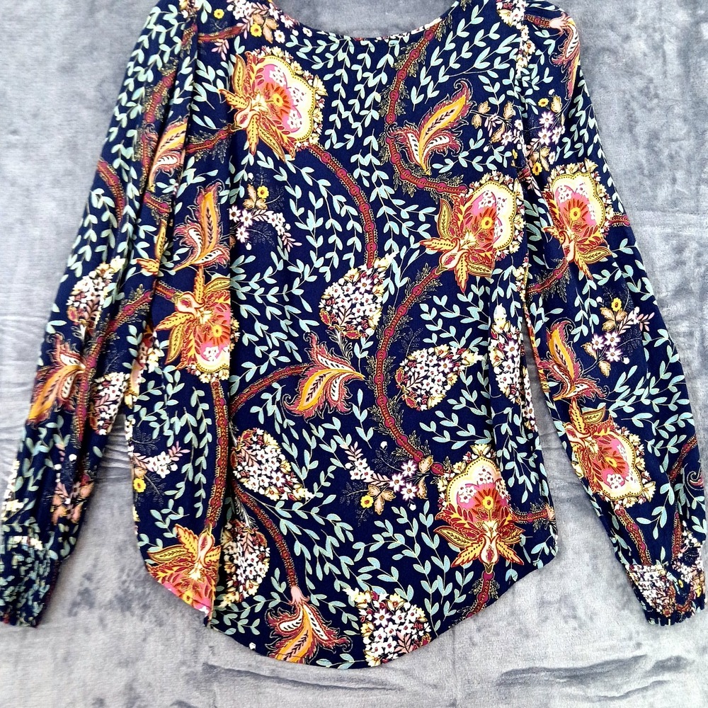 LOFT Blouse Womens XS Navy Blue Floral Paisley Long Sleeve Rayon Boho‎ Top Shirt - Picture 2 of 7